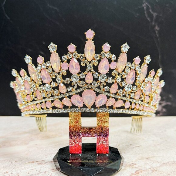 Pink Gemstone Tiara, Bridal Wedding Gold Crown, Birthday Princess Pink Crown main image 7